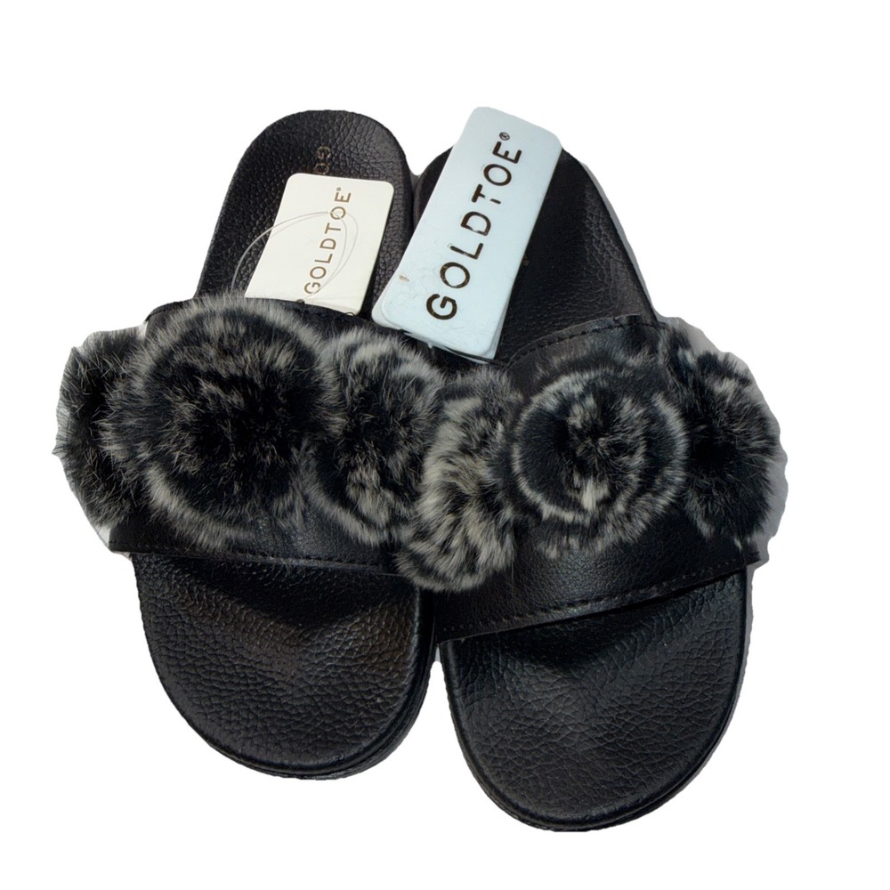 New Gold Toe Faux Fur Black Slides‎ Women's Slippers Size 10 NWT